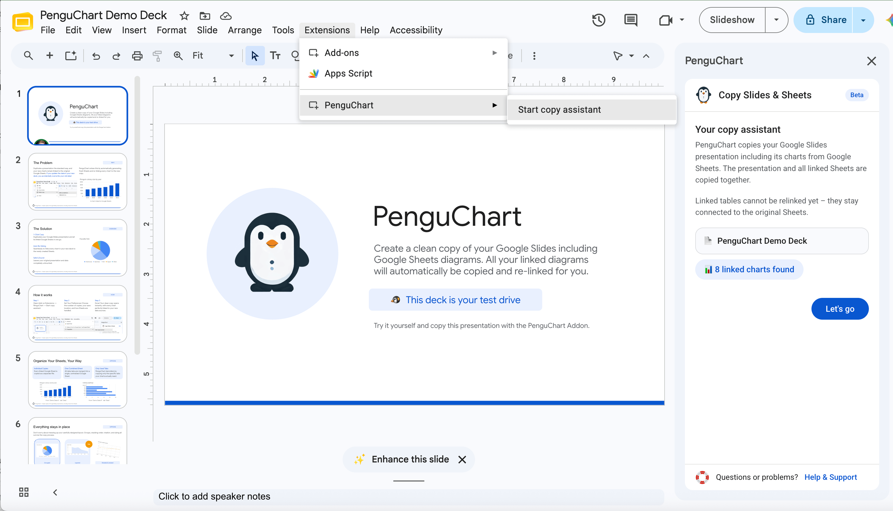 PenguChart Demo-Deck in Google Slides™ mit geöffnetem Kopier-Assistenten